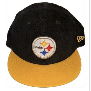New Era Pittsburgh Steelers Corduroy NFL Fitted Hat 7 3/8 Black with Yellow Brim
